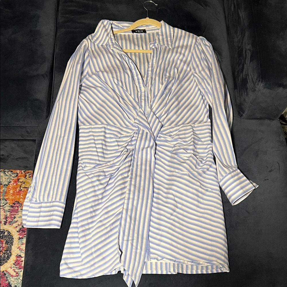 Vici Blue and White Striped Long Sleeve Dress
